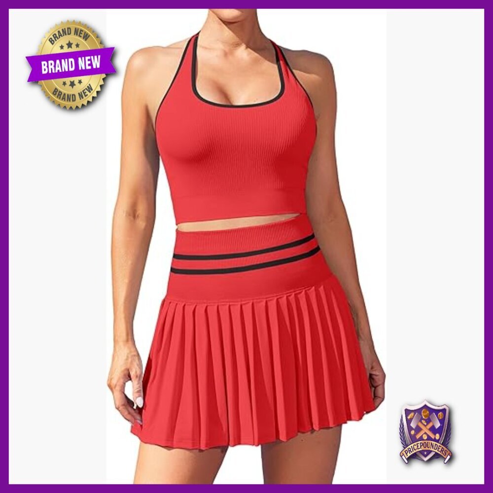 Seamless Tennis Dress Set High Waisted Pleated Skirt Built In Bra